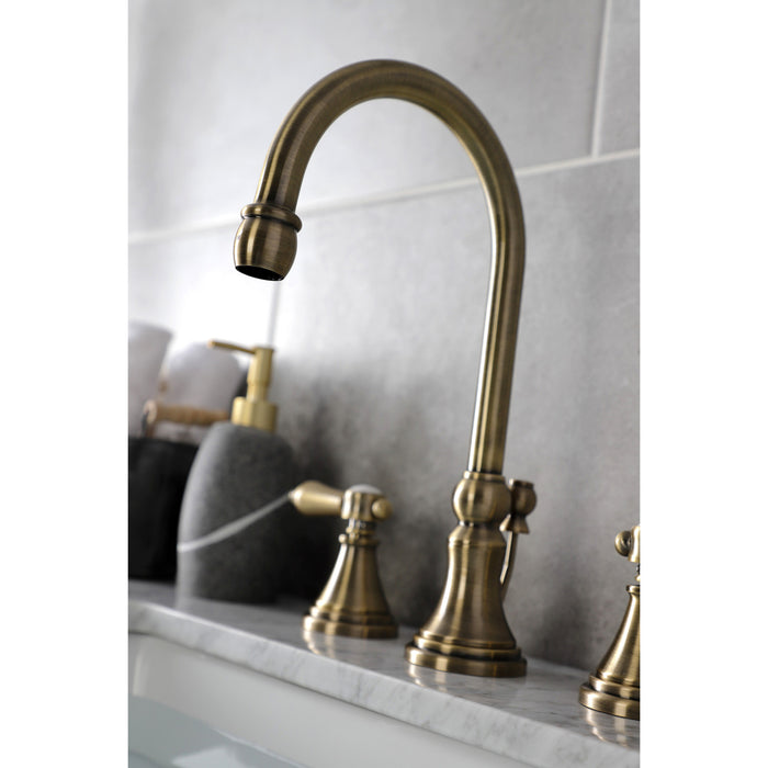 Kingston Tulare KS2983BAL - Heirloom Two-Handle 3-Hole Deck Mount Widespread Bathroom Faucet with Brass Pop-Up, Antique Brass