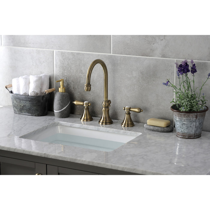 Kingston Tulare KS2983BAL - Heirloom Two-Handle 3-Hole Deck Mount Widespread Bathroom Faucet with Brass Pop-Up, Antique Brass