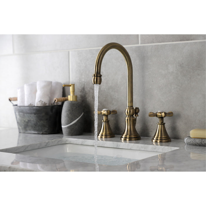 Kingston Tulare KS2983BEX - Essex Two-Handle 3-Hole Deck Mount Widespread Bathroom Faucet with Brass Pop-Up, Antique Brass