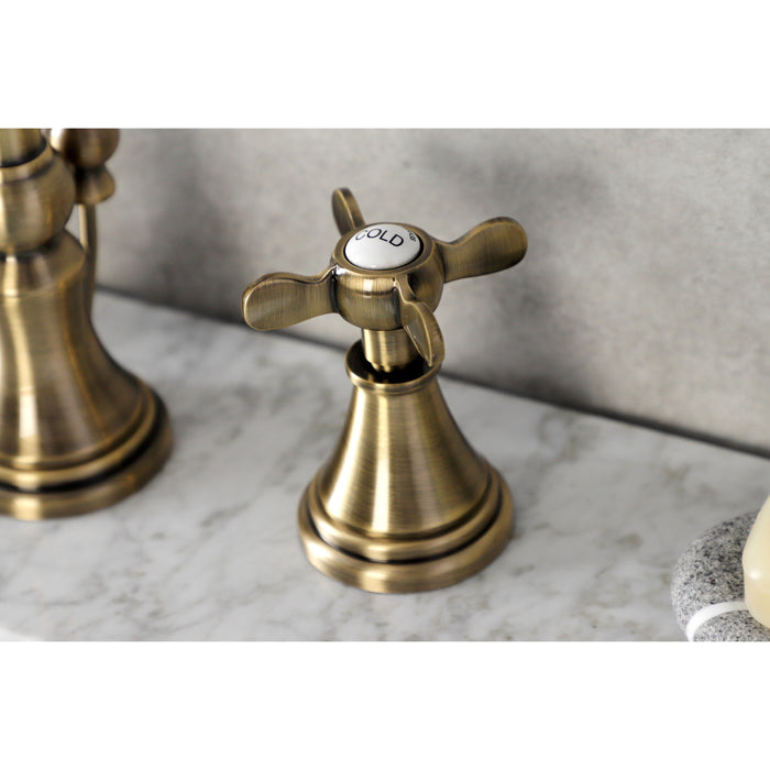 Kingston Tulare KS2983BEX - Essex Two-Handle 3-Hole Deck Mount Widespread Bathroom Faucet with Brass Pop-Up, Antique Brass