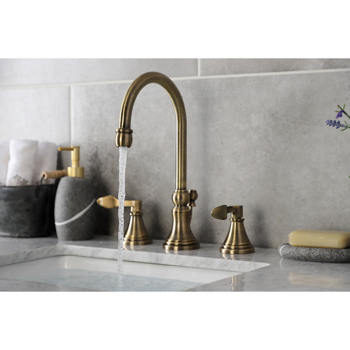 Kingston Tulare KS2983DFL - NuFrench Two-Handle 3-Hole Deck Mount Widespread Bathroom Faucet with Brass Pop-Up, Antique Brass