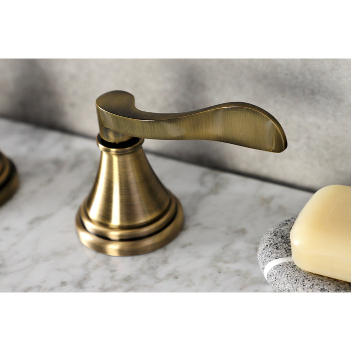 Kingston Tulare KS2983DFL - NuFrench Two-Handle 3-Hole Deck Mount Widespread Bathroom Faucet with Brass Pop-Up, Antique Brass