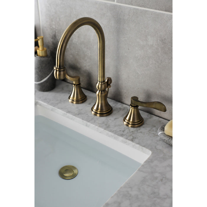 Kingston Tulare KS2983DFL - NuFrench Two-Handle 3-Hole Deck Mount Widespread Bathroom Faucet with Brass Pop-Up, Antique Brass