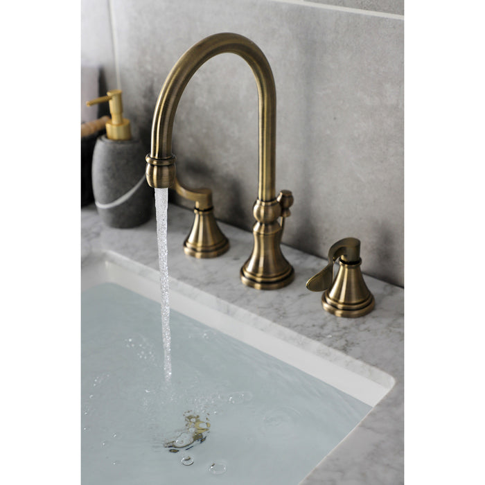 Kingston Tulare KS2983DFL - NuFrench Two-Handle 3-Hole Deck Mount Widespread Bathroom Faucet with Brass Pop-Up, Antique Brass