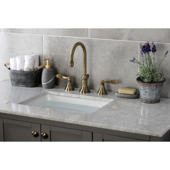 Kingston Tulare KS2983DFL - NuFrench Two-Handle 3-Hole Deck Mount Widespread Bathroom Faucet with Brass Pop-Up, Antique Brass