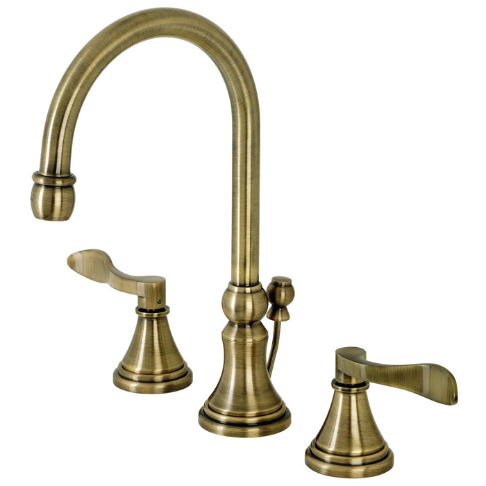 Kingston Tulare KS2983DFL - NuFrench Two-Handle 3-Hole Deck Mount Widespread Bathroom Faucet with Brass Pop-Up, Antique Brass