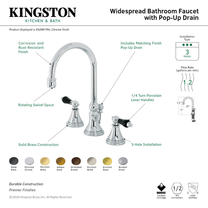Kingston Tulare KS2983PKL - Duchess Two-Handle 3-Hole Deck Mount Widespread Bathroom Faucet with Brass Pop-Up, Antique Brass