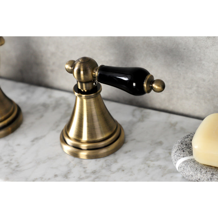 Kingston Tulare KS2983PKL - Duchess Two-Handle 3-Hole Deck Mount Widespread Bathroom Faucet with Brass Pop-Up, Antique Brass