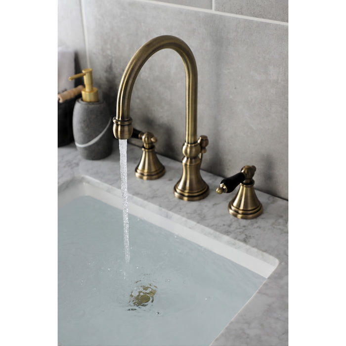 Kingston Tulare KS2983PKL - Duchess Two-Handle 3-Hole Deck Mount Widespread Bathroom Faucet with Brass Pop-Up, Antique Brass