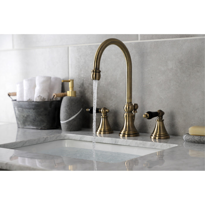 Kingston Tulare KS2983PKL - Duchess Two-Handle 3-Hole Deck Mount Widespread Bathroom Faucet with Brass Pop-Up, Antique Brass