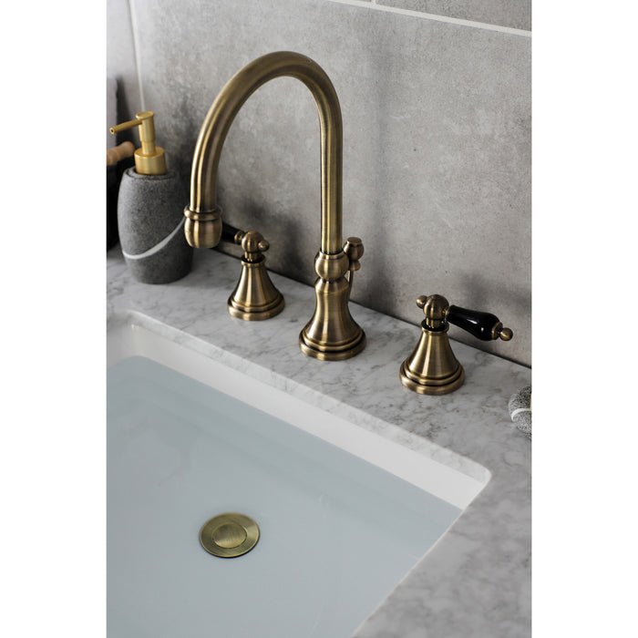 Kingston Tulare KS2983PKL - Duchess Two-Handle 3-Hole Deck Mount Widespread Bathroom Faucet with Brass Pop-Up, Antique Brass