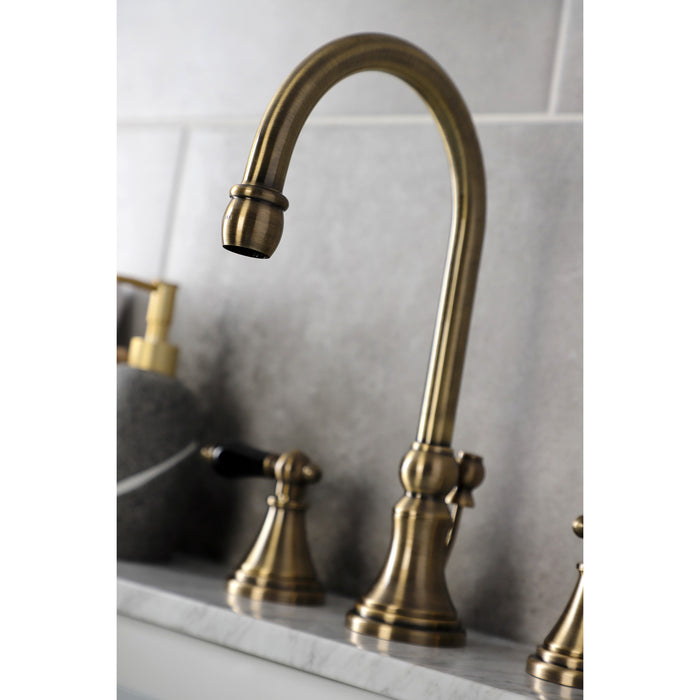 Kingston Tulare KS2983PKL - Duchess Two-Handle 3-Hole Deck Mount Widespread Bathroom Faucet with Brass Pop-Up, Antique Brass