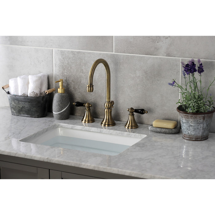 Kingston Tulare KS2983PKL - Duchess Two-Handle 3-Hole Deck Mount Widespread Bathroom Faucet with Brass Pop-Up, Antique Brass