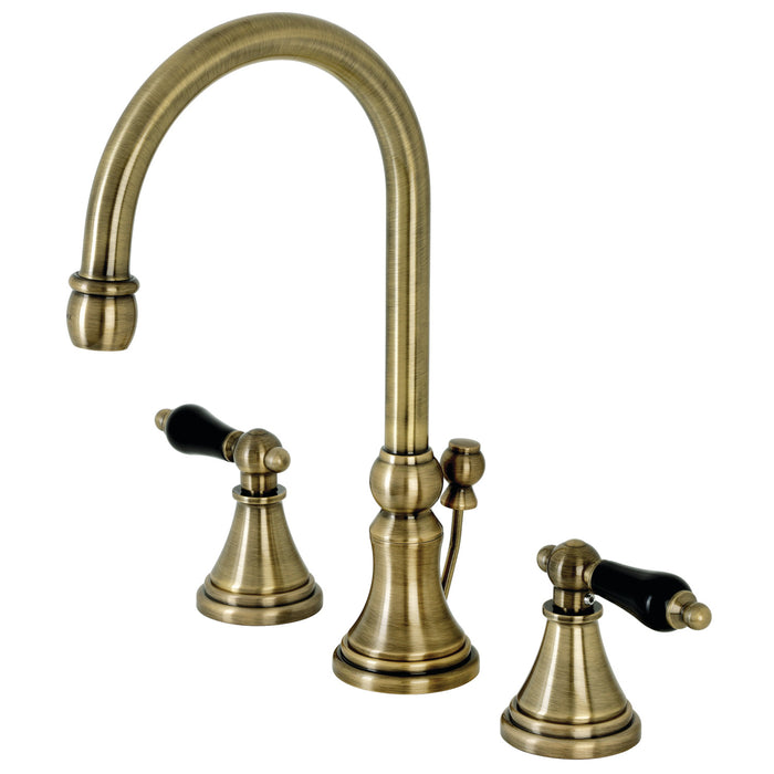 Kingston Tulare KS2983PKL - Duchess Two-Handle 3-Hole Deck Mount Widespread Bathroom Faucet with Brass Pop-Up, Antique Brass
