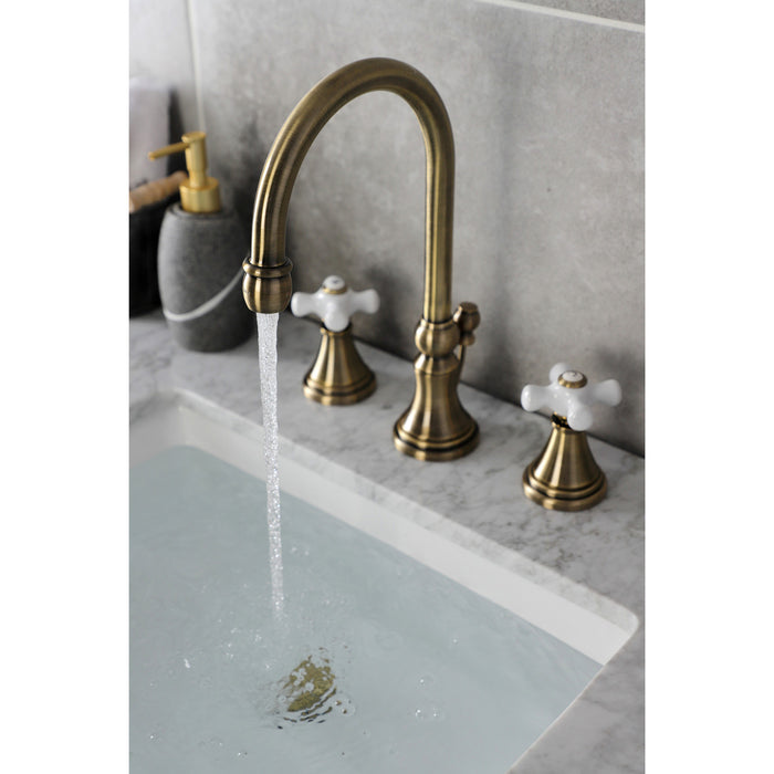 Kingston Tulare KS2983PX - Governor Two-Handle 3-Hole Deck Mount Widespread Bathroom Faucet with Brass Pop-Up, Antique Brass