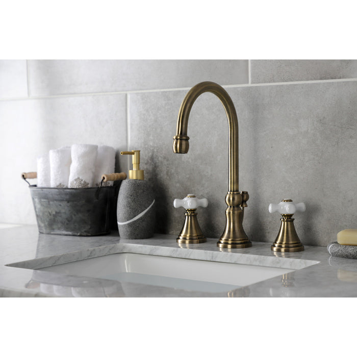 Kingston Tulare KS2983PX - Governor Two-Handle 3-Hole Deck Mount Widespread Bathroom Faucet with Brass Pop-Up, Antique Brass