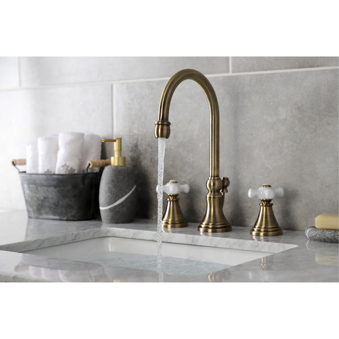 Kingston Tulare KS2983PX - Governor Two-Handle 3-Hole Deck Mount Widespread Bathroom Faucet with Brass Pop-Up, Antique Brass