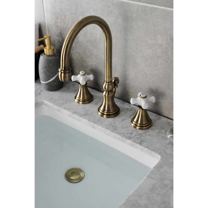Kingston Tulare KS2983PX - Governor Two-Handle 3-Hole Deck Mount Widespread Bathroom Faucet with Brass Pop-Up, Antique Brass