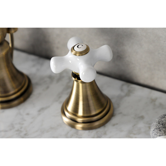 Kingston Tulare KS2983PX - Governor Two-Handle 3-Hole Deck Mount Widespread Bathroom Faucet with Brass Pop-Up, Antique Brass