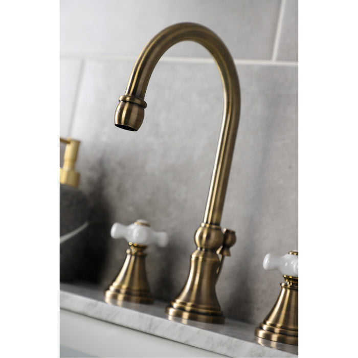 Kingston Tulare KS2983PX - Governor Two-Handle 3-Hole Deck Mount Widespread Bathroom Faucet with Brass Pop-Up, Antique Brass