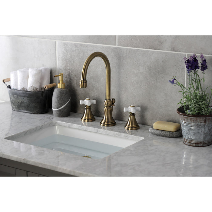 Kingston Tulare KS2983PX - Governor Two-Handle 3-Hole Deck Mount Widespread Bathroom Faucet with Brass Pop-Up, Antique Brass