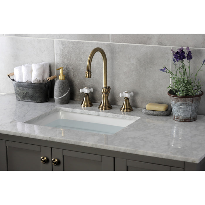 Kingston Tulare KS2983PX - Governor Two-Handle 3-Hole Deck Mount Widespread Bathroom Faucet with Brass Pop-Up, Antique Brass