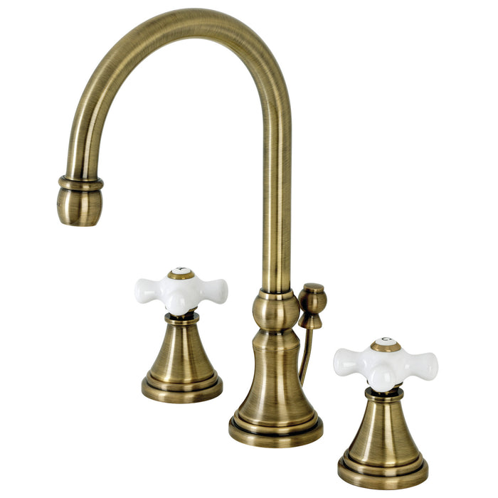 Kingston Tulare KS2983PX - Governor Two-Handle 3-Hole Deck Mount Widespread Bathroom Faucet with Brass Pop-Up, Antique Brass