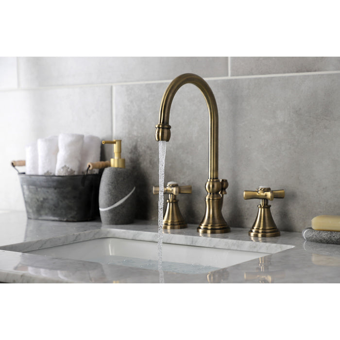 Kingston Tulare KS2983ZX - Millennium Two-Handle 3-Hole Deck Mount Widespread Bathroom Faucet with Brass Pop-Up, Antique Brass