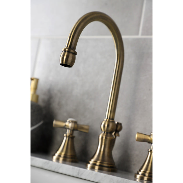 Kingston Tulare KS2983ZX - Millennium Two-Handle 3-Hole Deck Mount Widespread Bathroom Faucet with Brass Pop-Up, Antique Brass
