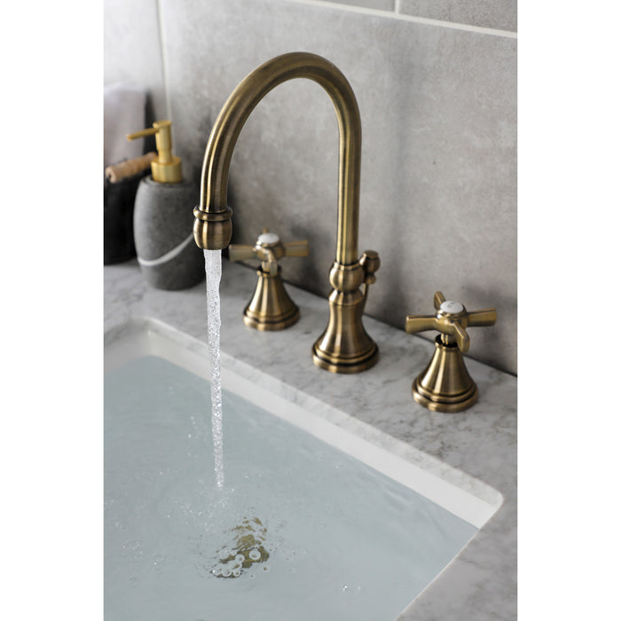 Kingston Tulare KS2983ZX - Millennium Two-Handle 3-Hole Deck Mount Widespread Bathroom Faucet with Brass Pop-Up, Antique Brass