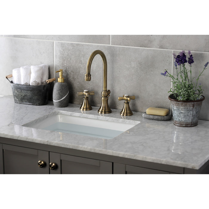 Kingston Tulare KS2983ZX - Millennium Two-Handle 3-Hole Deck Mount Widespread Bathroom Faucet with Brass Pop-Up, Antique Brass