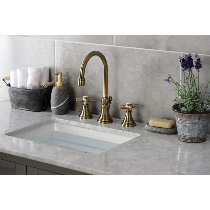 Kingston Tulare KS2983ZX - Millennium Two-Handle 3-Hole Deck Mount Widespread Bathroom Faucet with Brass Pop-Up, Antique Brass