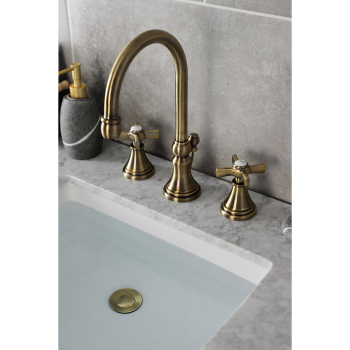 Kingston Tulare KS2983ZX - Millennium Two-Handle 3-Hole Deck Mount Widespread Bathroom Faucet with Brass Pop-Up, Antique Brass