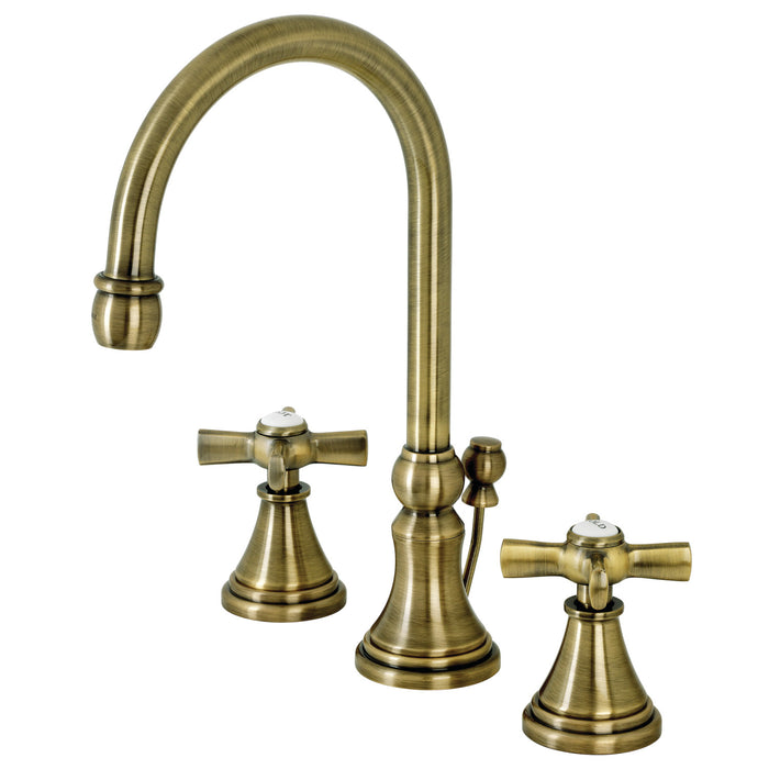 Kingston Tulare KS2983ZX - Millennium Two-Handle 3-Hole Deck Mount Widespread Bathroom Faucet with Brass Pop-Up, Antique Brass