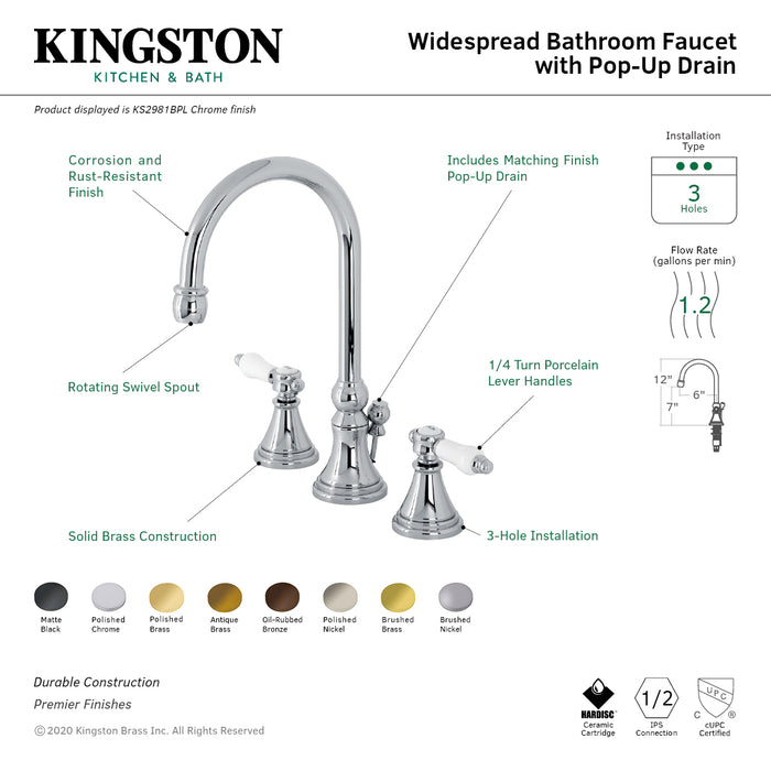 Kingston Tulare KS2985BPL - Bel-Air Two-Handle 3-Hole Deck Mount Widespread Bathroom Faucet with Brass Pop-Up, Oil Rubbed Bronze