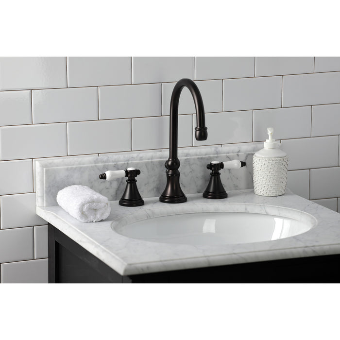 Kingston Tulare KS2985BPL - Bel-Air Two-Handle 3-Hole Deck Mount Widespread Bathroom Faucet with Brass Pop-Up, Oil Rubbed Bronze