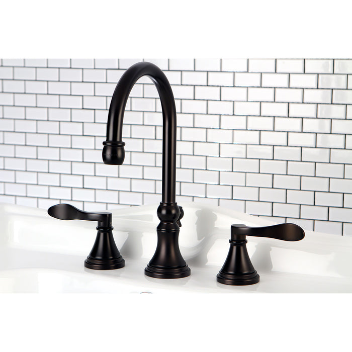 Kingston Tulare KS2985DFL - NuFrench Two-Handle 3-Hole Deck Mount Widespread Bathroom Faucet with Brass Pop-Up, Oil Rubbed Bronze