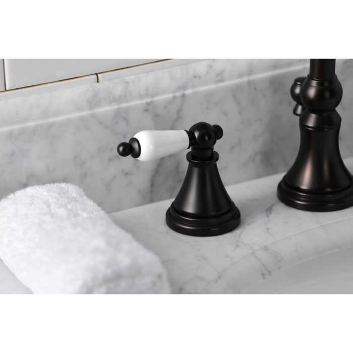 Kingston Tulare KS2985PL - Governor Two-Handle 3-Hole Deck Mount Widespread Bathroom Faucet with Brass Pop-Up, Oil Rubbed Bronze