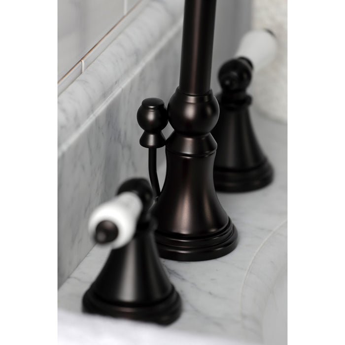 Kingston Tulare KS2985PL - Governor Two-Handle 3-Hole Deck Mount Widespread Bathroom Faucet with Brass Pop-Up, Oil Rubbed Bronze