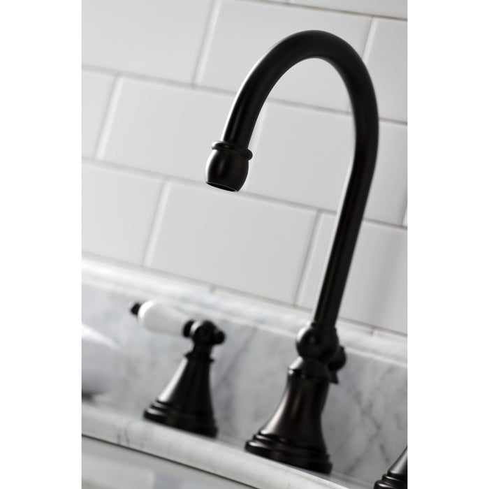 Kingston Tulare KS2985PL - Governor Two-Handle 3-Hole Deck Mount Widespread Bathroom Faucet with Brass Pop-Up, Oil Rubbed Bronze