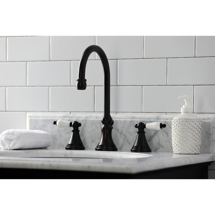 Kingston Tulare KS2985PL - Governor Two-Handle 3-Hole Deck Mount Widespread Bathroom Faucet with Brass Pop-Up, Oil Rubbed Bronze