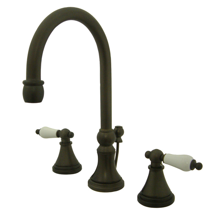 Kingston Tulare KS2985PL - Governor Two-Handle 3-Hole Deck Mount Widespread Bathroom Faucet with Brass Pop-Up, Oil Rubbed Bronze