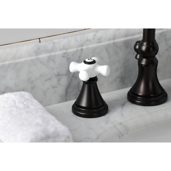 Kingston Tulare KS2985PX - Governor Two-Handle 3-Hole Deck Mount Widespread Bathroom Faucet with Brass Pop-Up, Oil Rubbed Bronze