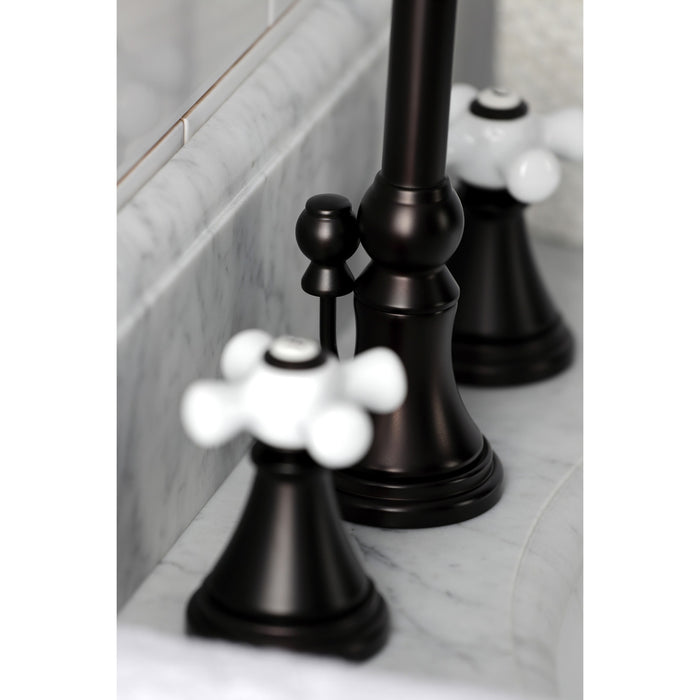 Kingston Tulare KS2985PX - Governor Two-Handle 3-Hole Deck Mount Widespread Bathroom Faucet with Brass Pop-Up, Oil Rubbed Bronze