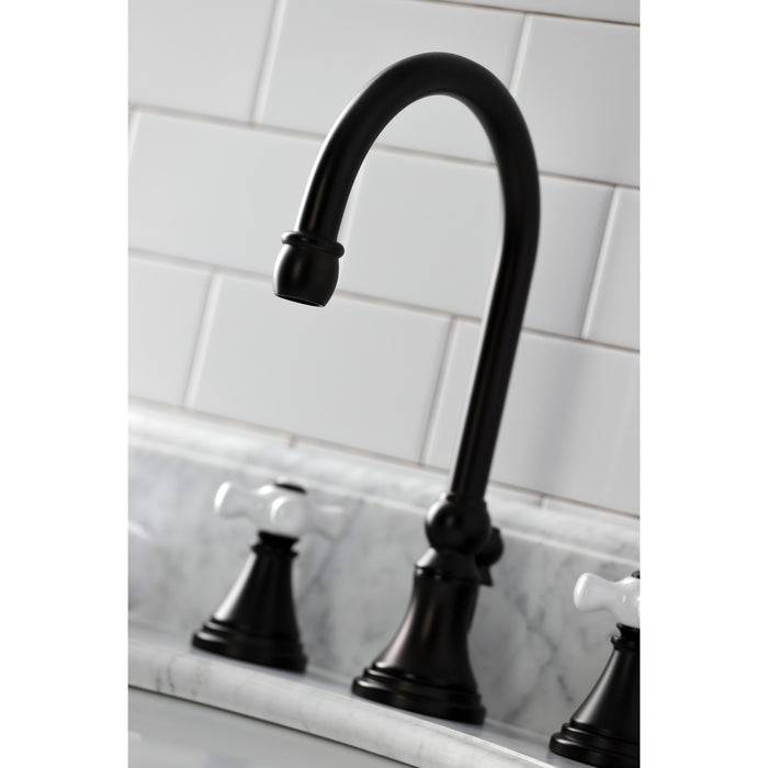 Kingston Tulare KS2985PX - Governor Two-Handle 3-Hole Deck Mount Widespread Bathroom Faucet with Brass Pop-Up, Oil Rubbed Bronze