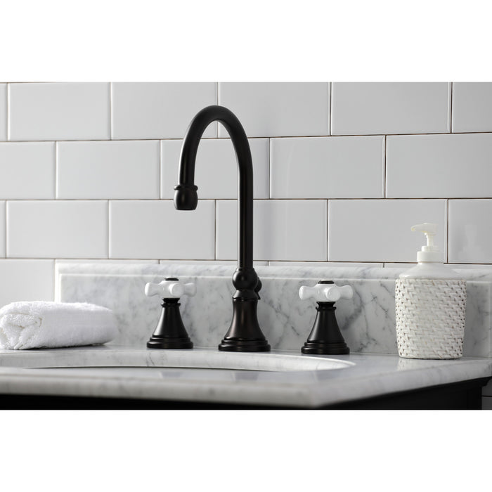 Kingston Tulare KS2985PX - Governor Two-Handle 3-Hole Deck Mount Widespread Bathroom Faucet with Brass Pop-Up, Oil Rubbed Bronze