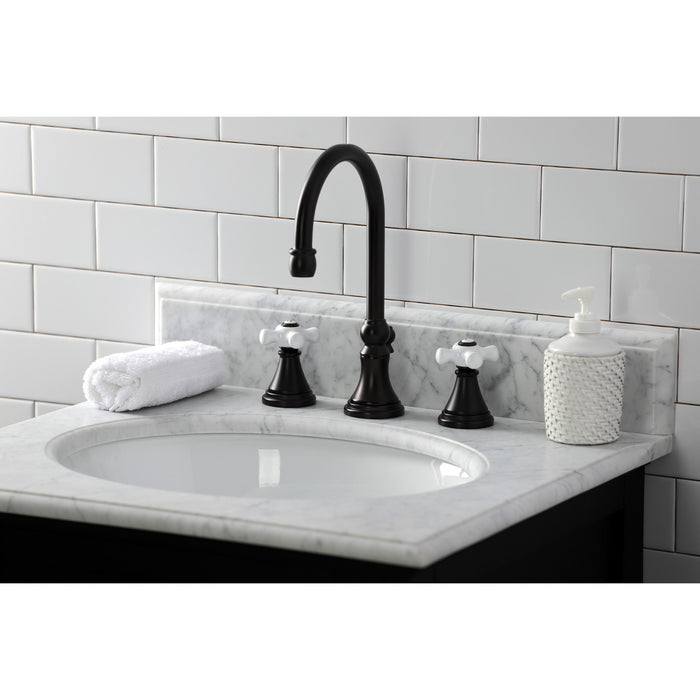 Kingston Tulare KS2985PX - Governor Two-Handle 3-Hole Deck Mount Widespread Bathroom Faucet with Brass Pop-Up, Oil Rubbed Bronze