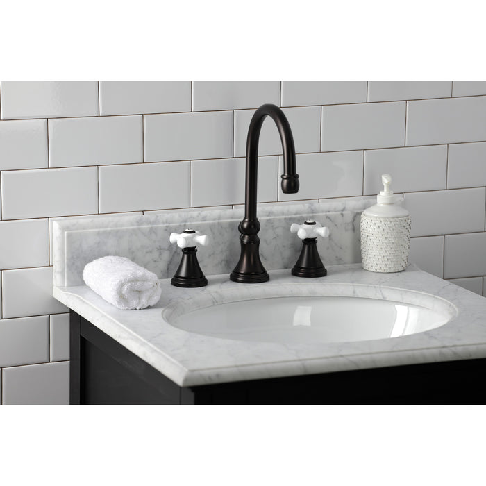 Kingston Tulare KS2985PX - Governor Two-Handle 3-Hole Deck Mount Widespread Bathroom Faucet with Brass Pop-Up, Oil Rubbed Bronze