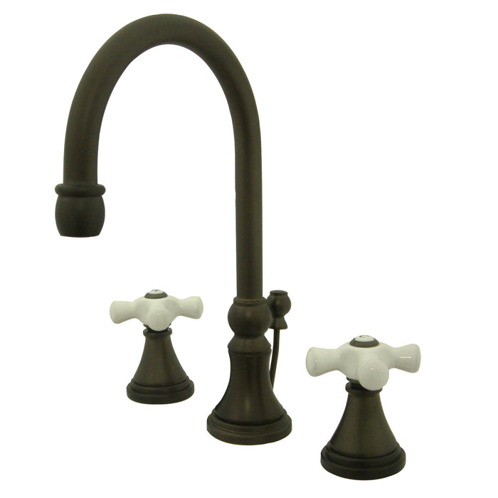 Kingston Tulare KS2985PX - Governor Two-Handle 3-Hole Deck Mount Widespread Bathroom Faucet with Brass Pop-Up, Oil Rubbed Bronze