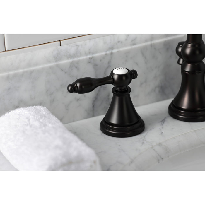 Kingston Tulare KS2985TAL - Tudor Two-Handle 3-Hole Deck Mount Widespread Bathroom Faucet with Brass Pop-Up, Oil Rubbed Bronze